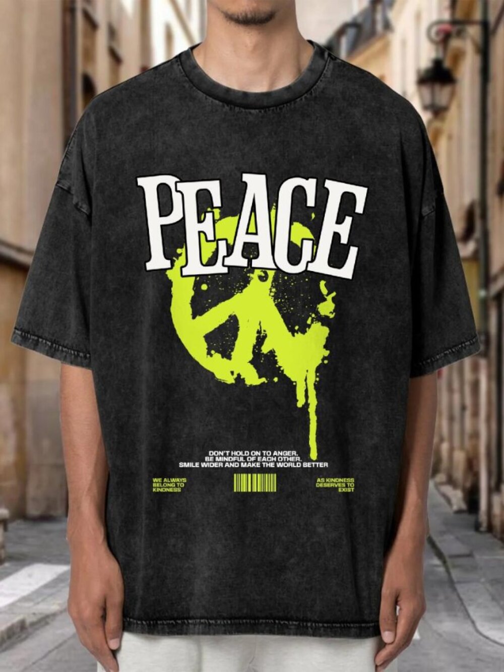 Vintage Wash Peace Paint Drip Peace Sign Graphic Oversized Tee H7649R2MFW01